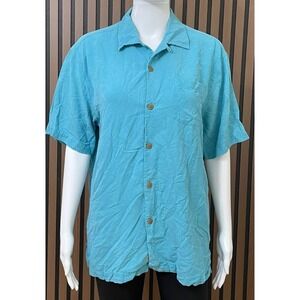 Tommy Bahama Men's L Aqua Blue 100% Silk Button Short Sleeve Shirt Island Casual